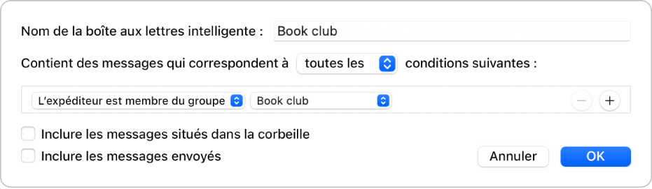 La fenêtre « Groupe intelligent » affichant les critères d’un groupe intitulé « Horaires des entraînements de foot ». Le groupe inclut deux conditions. La première comprend deux critères (affichés de gauche à droite) : « L’expéditeur est membre du groupe » (sélectionné dans le menu local) et « Groupe de football » (sélectionné dans le menu local). La seconde comprend un critère : « Contient des pièces jointes » (sélectionné dans le menu local).