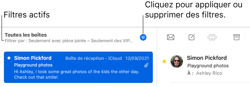 La fenêtre de Mail montrant la barre d’outils au-dessus de la liste des messages, avec les filtres appliqués par Mail, comme « Seulement des VIP ».