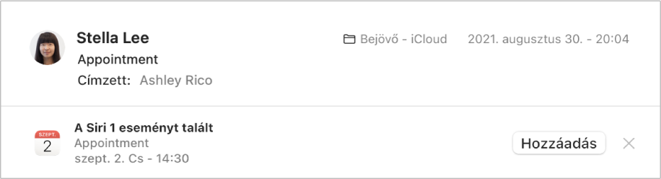 Az üzenet fejléce alatti sávon láthatja az eseményre vonatkozó információkat, melyet a Siri talált az üzenetben. A jobb oldalon egy link látható, mellyel az eseményt hozzáadhatja a Naptárhoz.