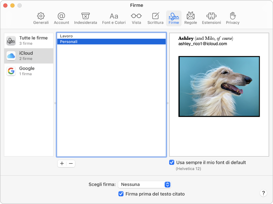 Il pannello delle preferenze Firme di Mail che mostra una firma contenente del testo formattato e un'immagine.