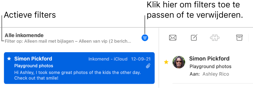 Het Mail-venster met boven de berichtenlijst de knoppenbalk waarin de toegepaste filters worden weergegeven, zoals 'Alleen van vip'.