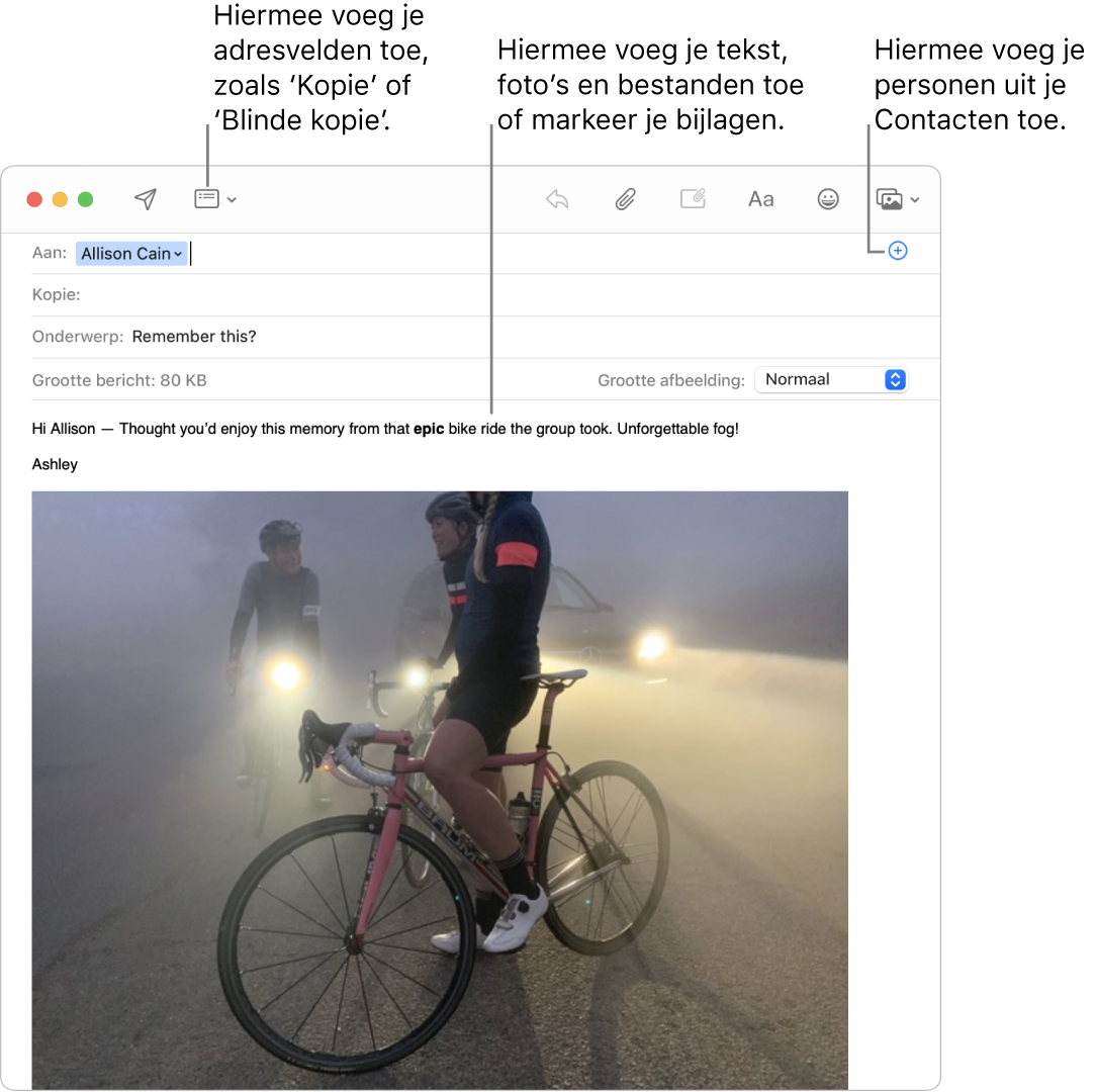 Een venster voor het opstellen van een bericht met de knop 'Koptekstvelden', de knop met het plusteken in een adresveld voor het toevoegen van personen vanuit Contacten, en een afbeelding met annotaties in de berichttekst.