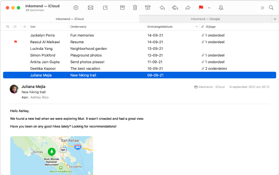 Het Mail-venster met de berichtenlijst in de kolomlay-out met kolommen zoals 'Van', 'Onderwerp' en 'Ontvangstdatum' en de voorvertoning van berichten onder de lijst.