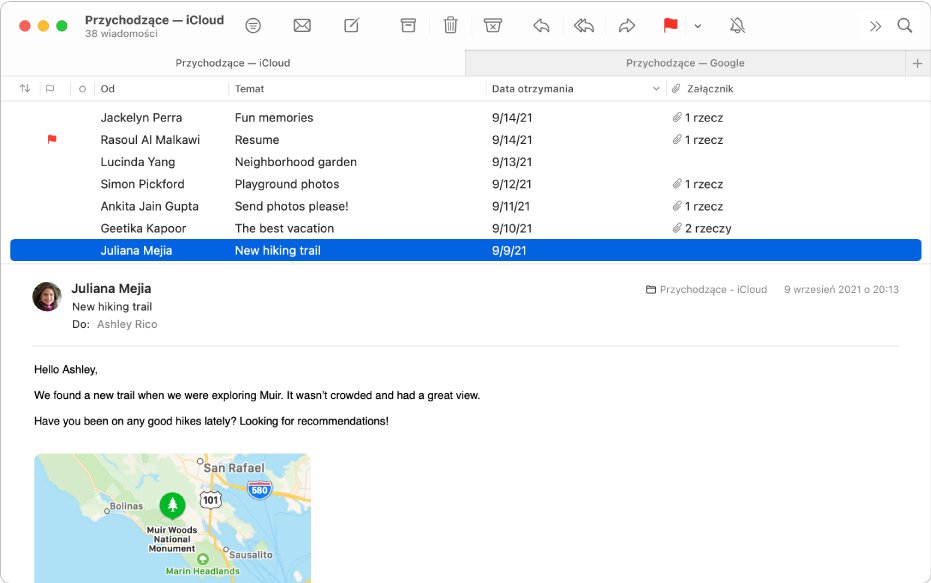 Okno Mail pokazujące listę wiadomości w układzie kolumnowym — z kolumnami takimi, jak Od, Temat oraz Data otrzymania — oraz podglądem wiadomości pod tą listą.