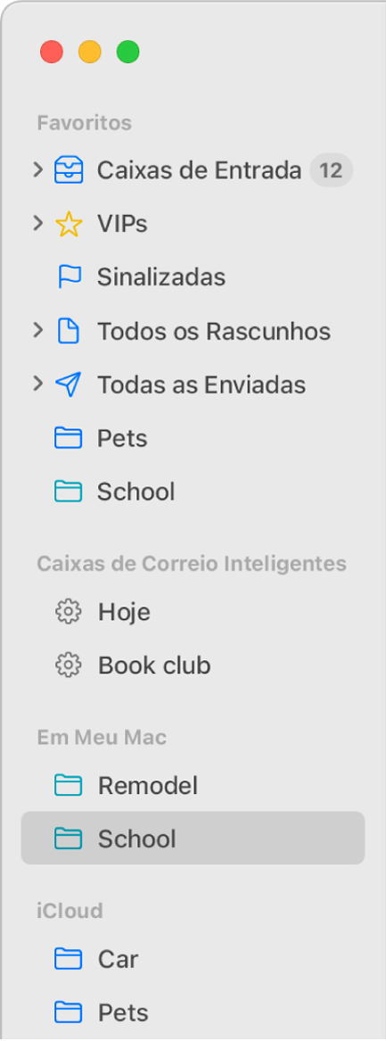 A barra lateral do Mail mostrando caixas de correio padrão (como Caixa de Entrada e Rascunhos) na parte superior da barra lateral e caixas de correio criadas nas seções Em Meu Mac e iCloud.