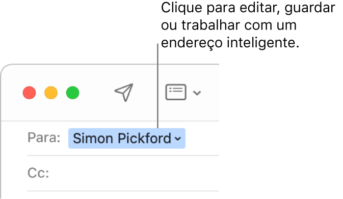 Um endereço de e‑mail com uma seta que pode ser clicada para editar, guardar ou trabalhar com um endereço inteligente.