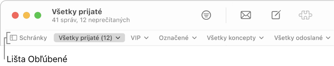 Lišta Obľúbené znázorňujúca tlačidlo Schránky a tlačidlá na prístup k obľúbeným schránkam, ako sú napríklad VIP a Označené.