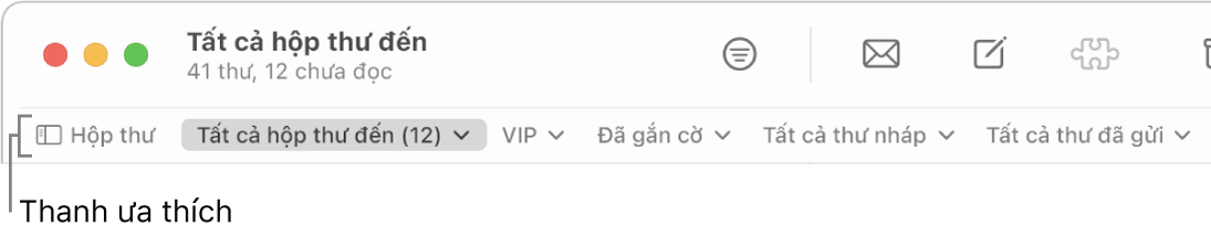 Thanh Mục ưa thích đang hiển thị nút Hộp thư và các nút để truy cập vào các hộp thư ưa thích, chẳng hạn như VIP và Đã gắn cờ.