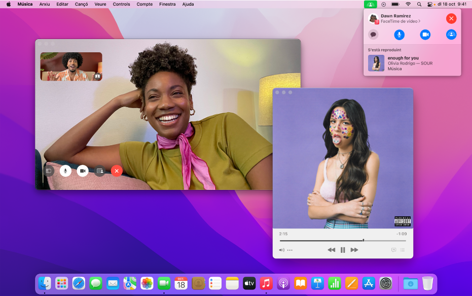 La finestra del FaceTime que mostra una trucada en què es veuen els participants utilitzant el SharePlay per escoltar un àlbum junts.