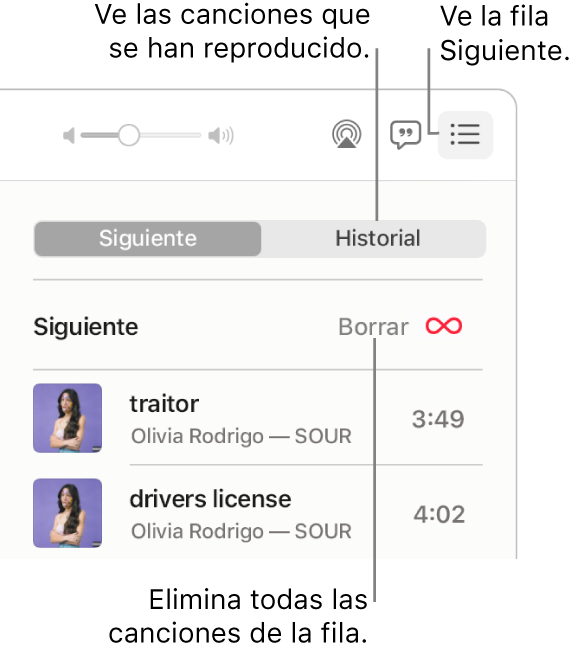 La esquina superior derecha de la ventana de Música con el botón Siguiente en la tira mostrando la fila Siguiente. Haz clic en el enlace Historial para ver las canciones reproducidas anteriormente. Haz clic en el enlace Borrar para eliminar todas las canciones de la fila.