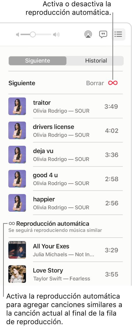 La fila Siguiente. Haz clic en el botón “Reproducción automática” para activarlo o desactivarlo. Cuando está activada la “Reproducción automática”, se agregan canciones similares al final de la fila.