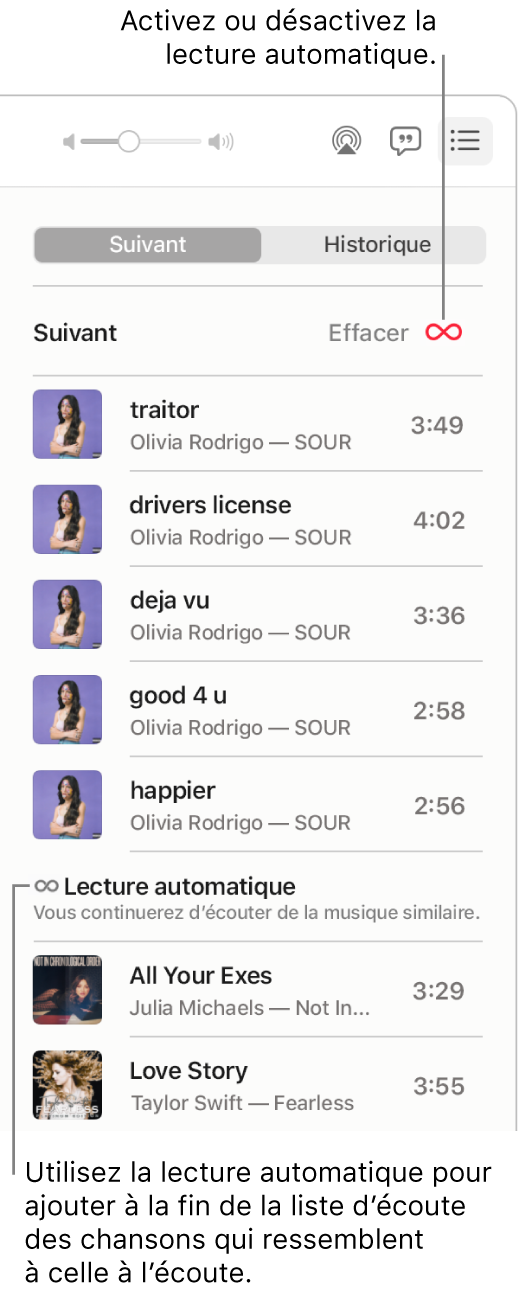 La liste d’écoute Suivant. Cliquez sur le bouton Lecture automatique pour l’activer ou la désactiver. Lorsque la lecture automatique est activée, des chansons similaires sont ajoutées à la fin de la liste d’écoute.