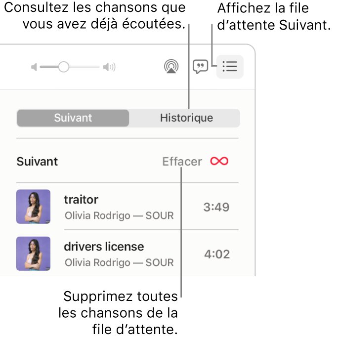 Le coin supérieur droit de la fenêtre Musique avec le bouton Suivant dans la bannière affichant la liste d’écoute Suivant. Cliquez sur le lien Historique pour afficher la liste de chansons déjà écoutées. Cliquez sur le lien Effacer pour en supprimer toutes les chansons.