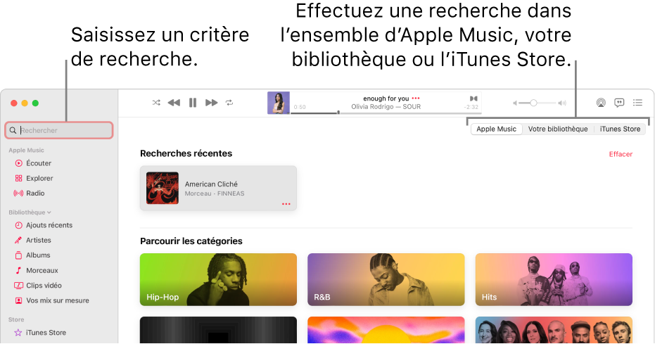 La fenêtre Apple Music, avec le champ de recherche dans le coin supérieur gauche, la liste de catégories au centre de la fenêtre et « Apple Music », « Votre bibliothèque » et l’iTunes Store disponibles dans le coin supérieur droit. Saisissez des critères de recherche dans le champ de recherche, puis choisissez d’effectuer la recherche dans tout Apple Music, seulement dans votre bibliothèque ou sur l’iTunes Store.