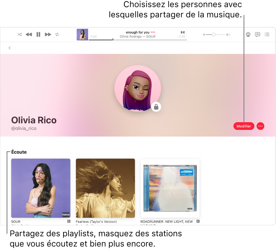 La page de profil dans Apple Music : Sur le côté droit de la fenêtre, cliquez sur Modifier pour choisir qui peut vous suivre. À droite de Modifier, cliquez sur le bouton Plus pour partager votre musique.