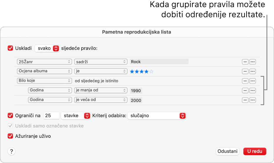 Dijaloški okvir Smart reprodukcijske liste: Tipkom Grupira s desne strane izrađujte dodatna, grupirana pravila za preciznije rezultate.