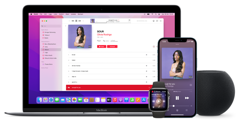 Lagu yang diputar di Mac, iPhone, dan Apple Watch, dengan HomePod.