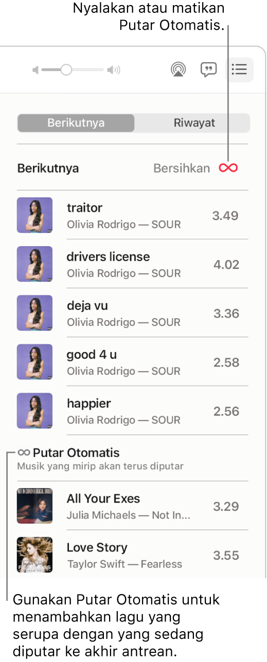 Antrean Berikutnya. Klik tombol Putar Otomatis untuk menyalakan atau mematikannya. Saat Putar Otomatis menyala, lagu serupa ditambahkan ke akhir antrean.