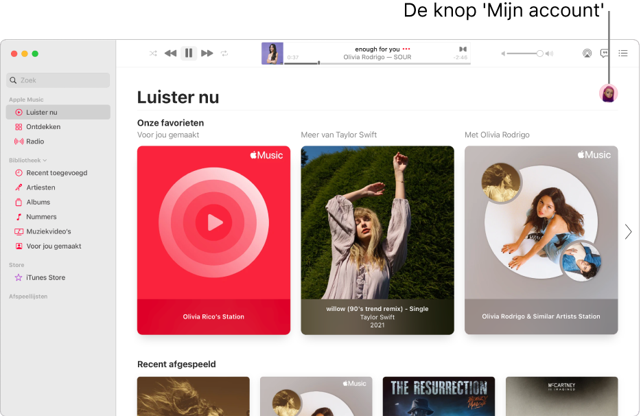 Het Muziek-venster met 'Luister nu' actief. De knop 'Mijn account' bevindt zich rechtsboven in het venster (deze lijkt op een foto of monogram).