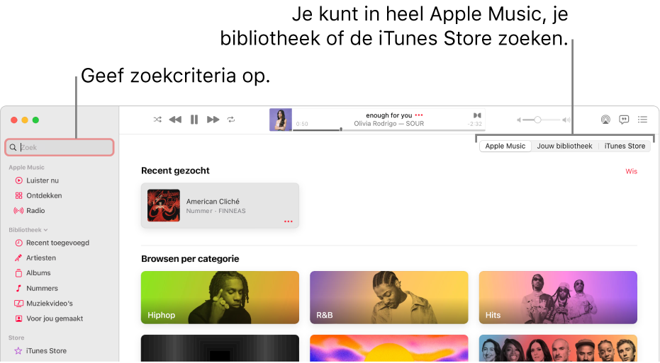 Het Muziek-venster met het zoekveld linksbovenin, de lijst met categorieën in het midden van het venster en 'Apple Music', 'Bibliotheek' en 'iTunes Store' rechtsbovenin. Voer zoekcriteria in het zoekveld in en geef aan of je in heel Apple Music, alleen in je eigen bibliotheek of in de iTunes Store wilt zoeken.