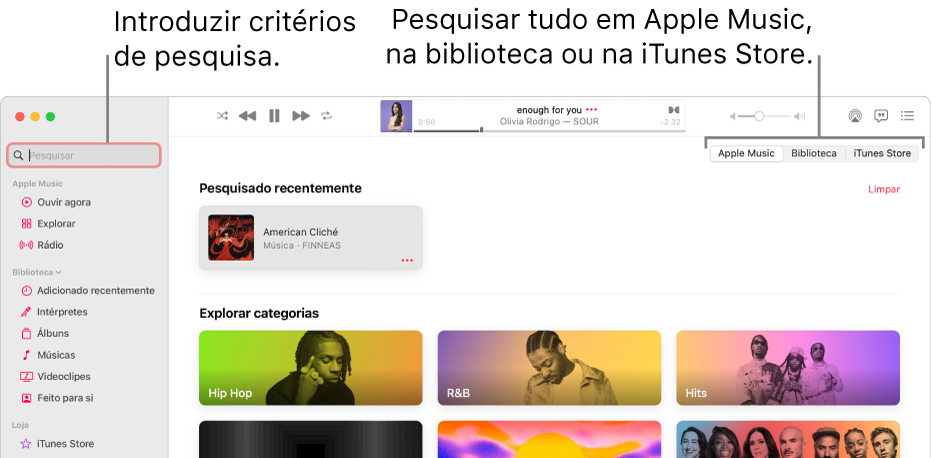 A janela da aplicação Música a mostrar o campo de pesquisa no canto superior esquerdo, a lista de categorias ao centro da janela e Apple Music, “A sua biblioteca” e iTunes Store disponíveis no canto superior direito. Digite os critérios de pesquisa no campo de pesquisa e, em seguida, escolha se pretende pesquisar em Apple Music, apenas a biblioteca ou a iTunes Store.