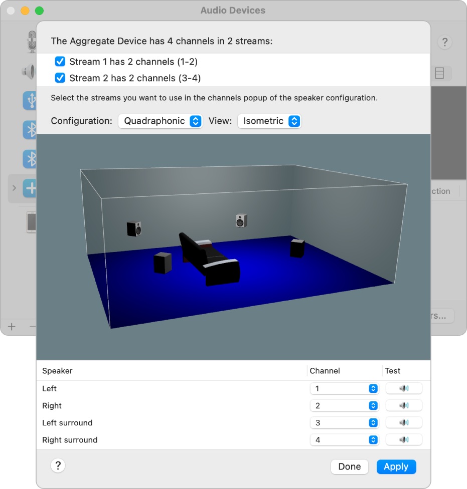 The Audio Devices window showing an aggregate device in the 3D Isometric View. In the list of streams at the top of the window, a stream with four channels is selected. The list of speakers is below the view.