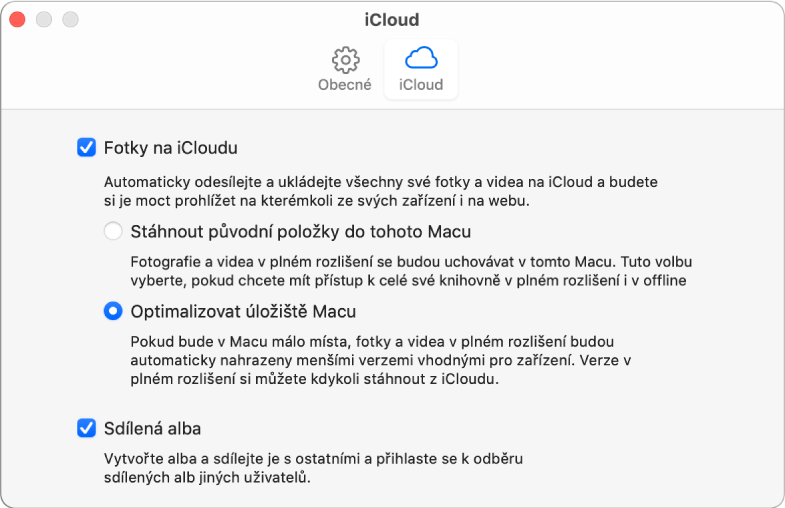 Panel iCloud v předvolbách Fotek