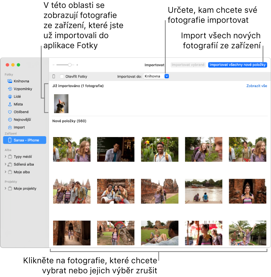V horní části panelu se zobrazí fotografie na zařízení, které jste již importovali. Dole se zobrazí fotografie nové. Nahoře uprostřed je místní nabídka Cíl importu. Vpravo nahoře je tlačítko Importovat všechny nové položky