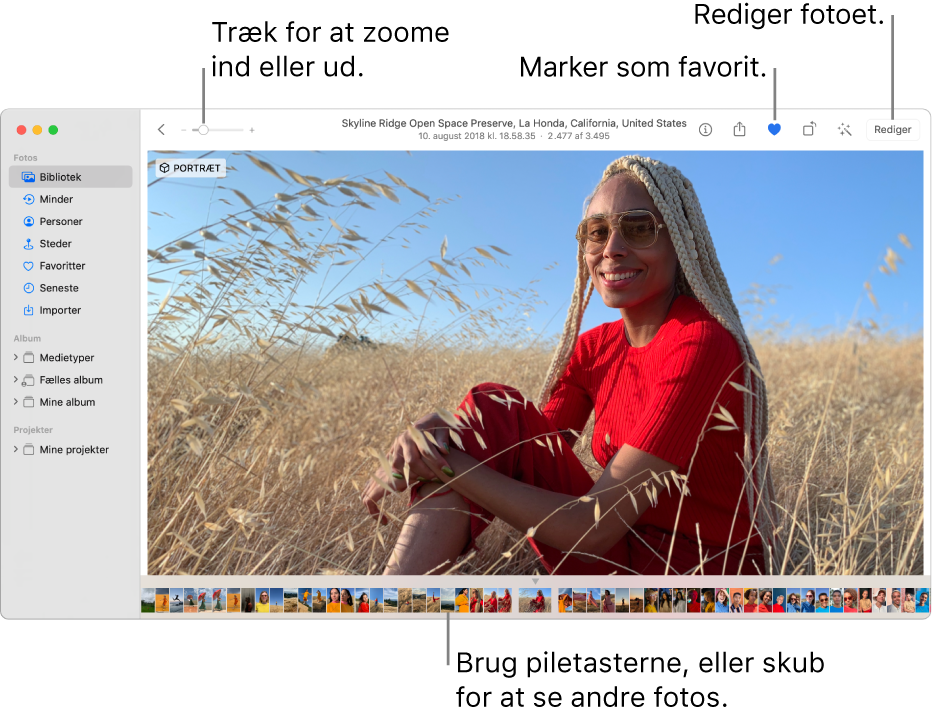 I vinduet Fotos vises et forstørret foto til højre med en række miniaturer nedenunder. Værktøjslinjen øverst omfatter zoommærket, knappen Favorit og knappen Rediger.