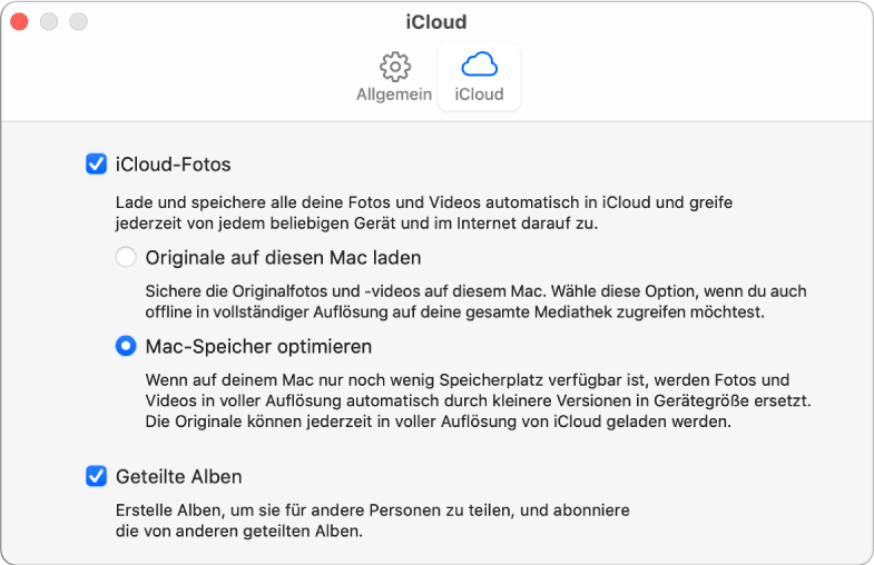 Der Bereich „iCloud“ in den Einstellungen der App „Fotos“.