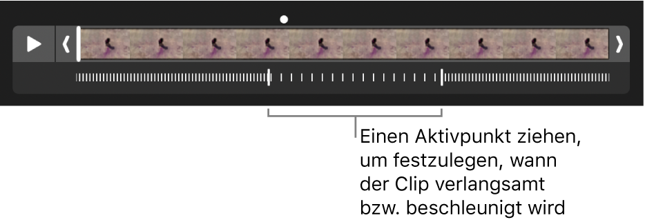 Ein Zeitlupenvideoclip mit Aktivpunkten, mit denen festgelegt werden kann, wo das Video langsamer und wo es wieder schneller läuft.