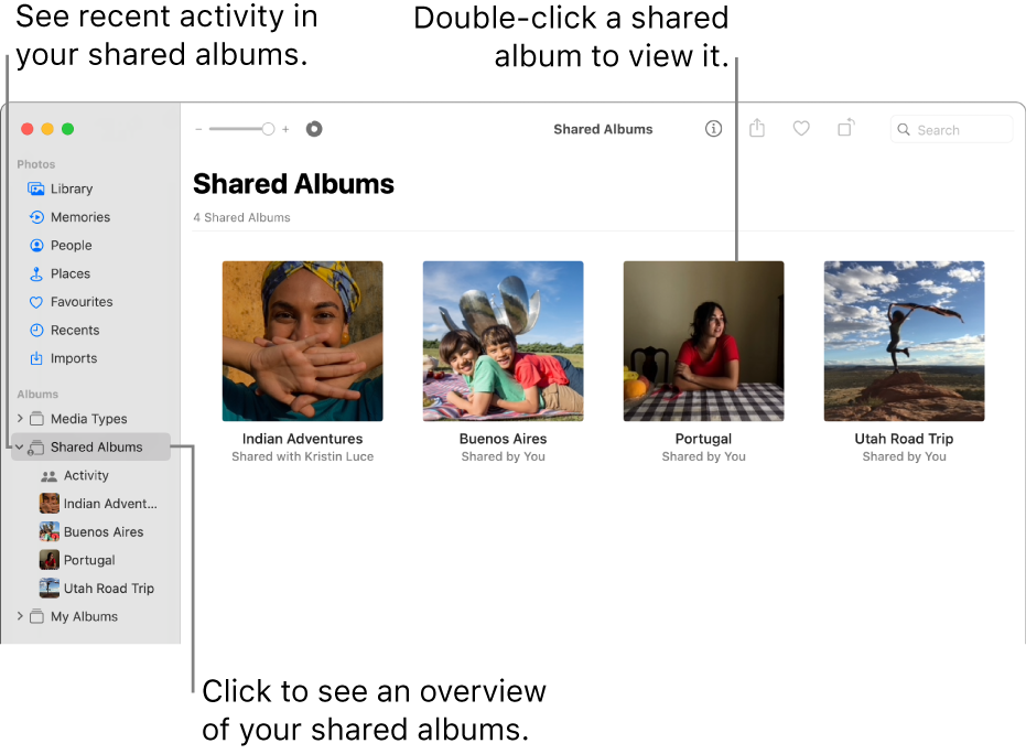 The Photos window showing Shared Albums selected in the sidebar and shared albums appearing on the right.