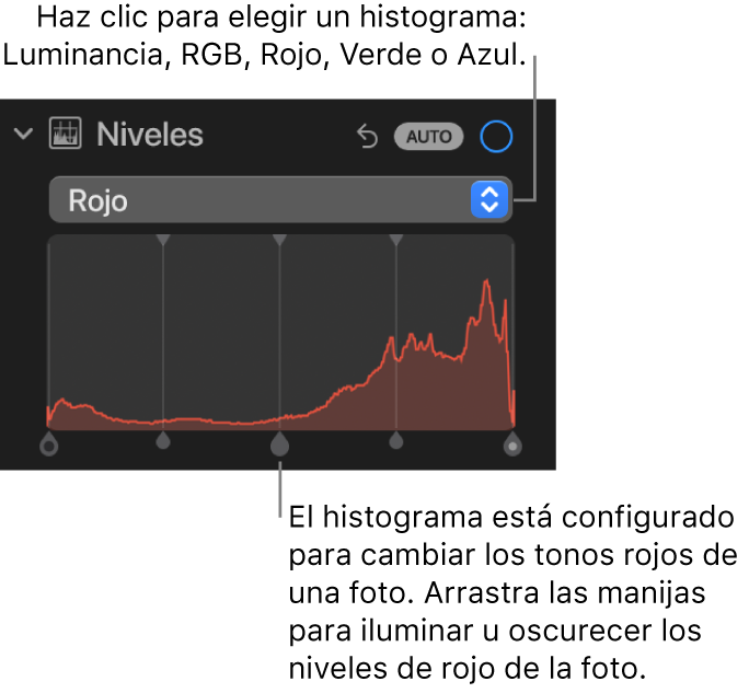 Los controles de Niveles en el panel Ajustar mostrando el histograma Rojo con manijas en la parte inferior para ajustar los niveles rojos de la foto.