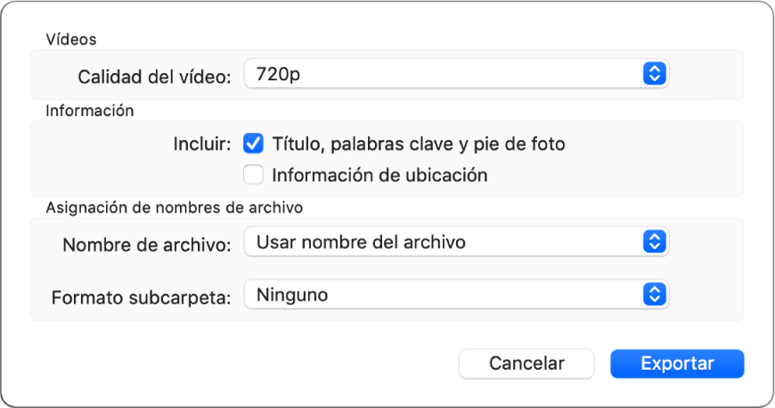 Un cuadro de diálogo en el que se muestran opciones para exportar vídeos.