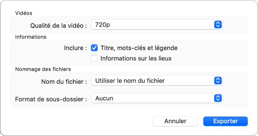 Une zone de dialogue présentant les options d’export de vidéos.