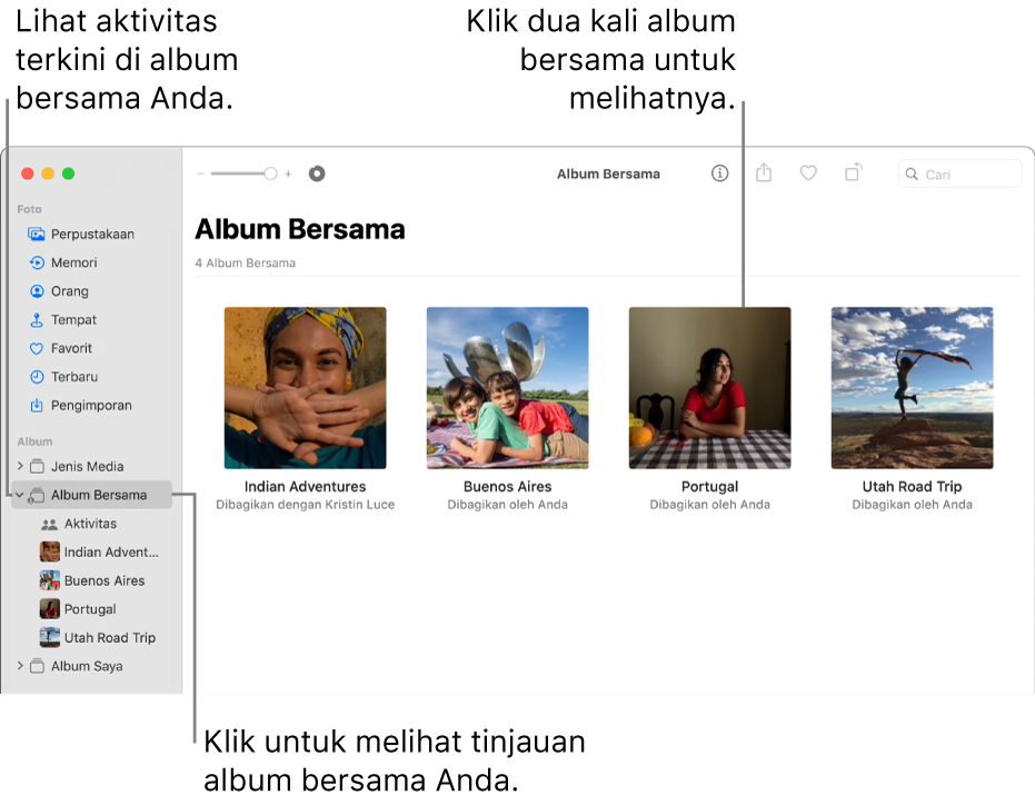 Jendela Foto menampilkan Album Bersama yang dipilih di bar samping dan album bersama muncul di sebelah kanan.