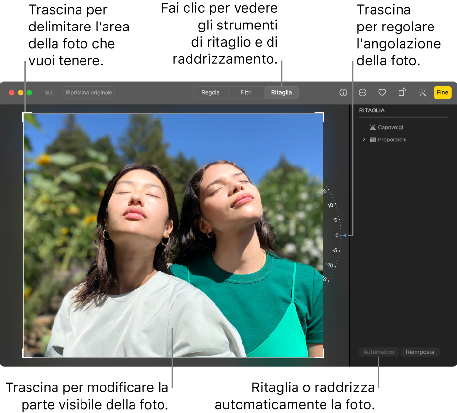 Una foto nella vista di modifica, con l'opzione Ritaglia seleziona nella barra degli strumenti, un rettangolo di selezione attorno alla foto, un cursore a destra della foto e un pulsante Automatico in fondo a destra.