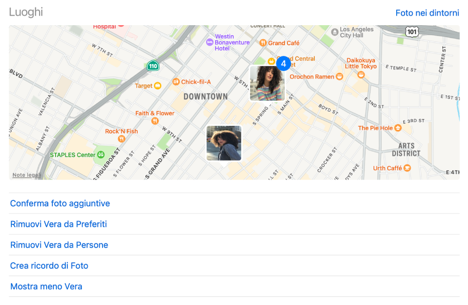 Una mappa con miniature che mostra le posizioni dove sono state scattate le foto di una persona e i comandi sotto la mappa per modificare le impostazioni dell'album Persone.