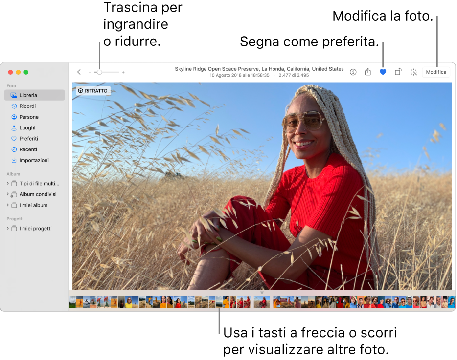 La finestra di Foto con una foto ingrandita sulla destra e una riga di miniature sotto. La barra strumenti nella parte superiore include il cursore Zoom, il pulsante Preferito e il pulsante Modifica.