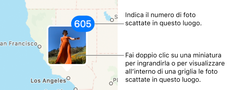 Una miniatura della foto su una mappa, con un numero nell'angolo superiore destro che indica il numero di foto scattate in quella località.