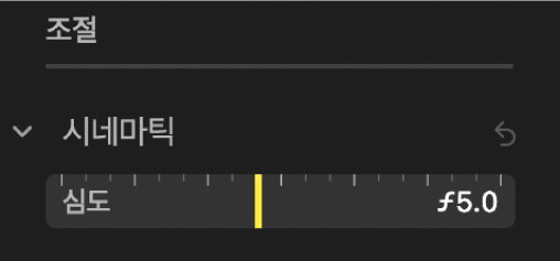 심도 슬라이더가 표시된 시네마틱 조절 제어기.