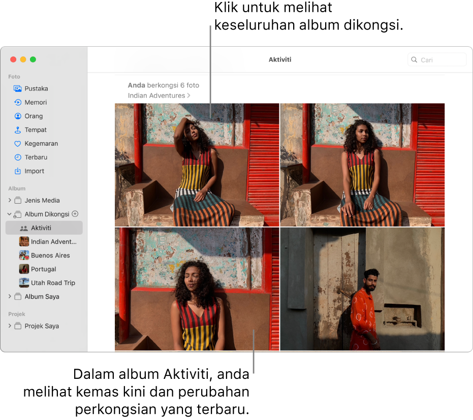 Tetingkap foto menunjukkan tetingkap dengan Aktiviti dipilih dalam bar sisi dan album Aktiviti dipaparkan di sebelah kanan.