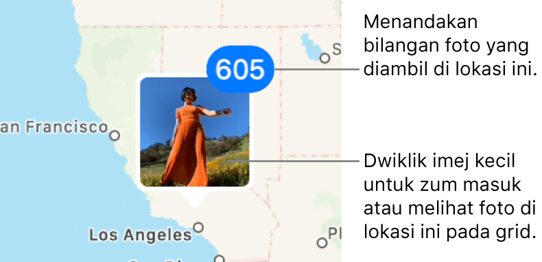 Imej kecil foto pada peta, dengan nombor di penjuru kanan atas yang menandakan bilangan foto yang diambil di lokasi itu.