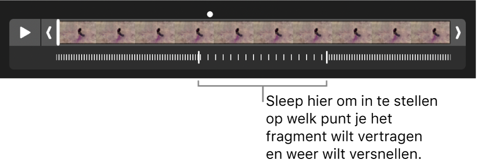 Een vertraagd videofragment met grepen die je kunt slepen om in te stellen vanaf welk punt het fragment langzamer wordt afgespeeld en vanaf welk punt het fragment weer sneller wordt afgespeeld.