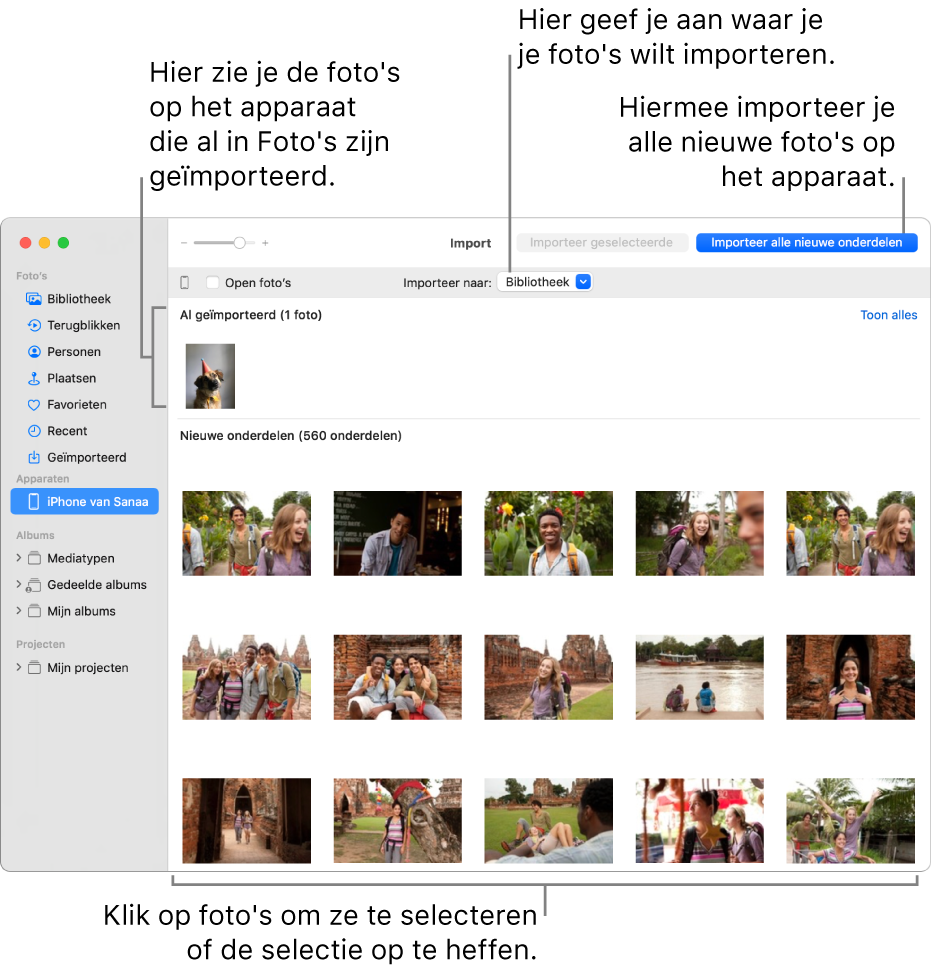 Foto's op het apparaat die je al hebt geïmporteerd, worden boven in het venster weergegeven. Nieuwe foto's worden onderin weergegeven. In het midden bovenin zie je het venstermenu 'Importeer naar'. De knop 'Importeer alle nieuwe onderdelen' staat rechtsbovenin.