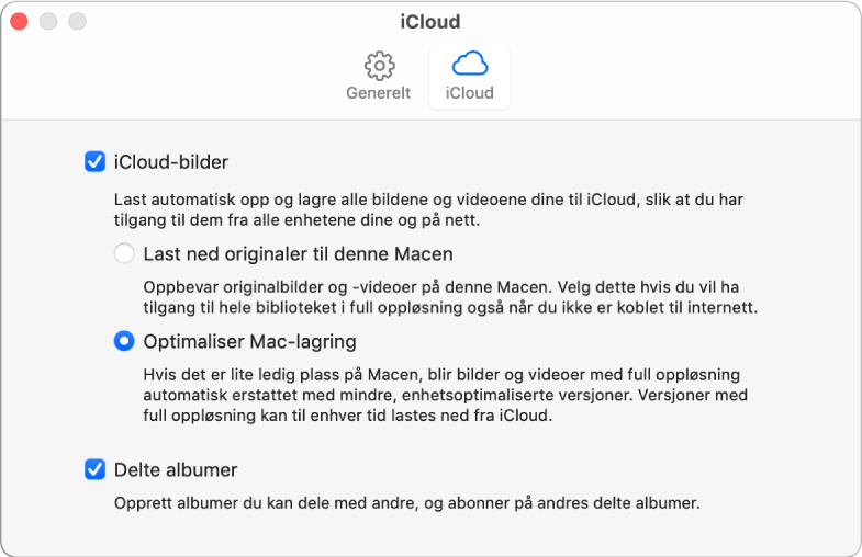 iCloud-panelet i Bilder-valg.