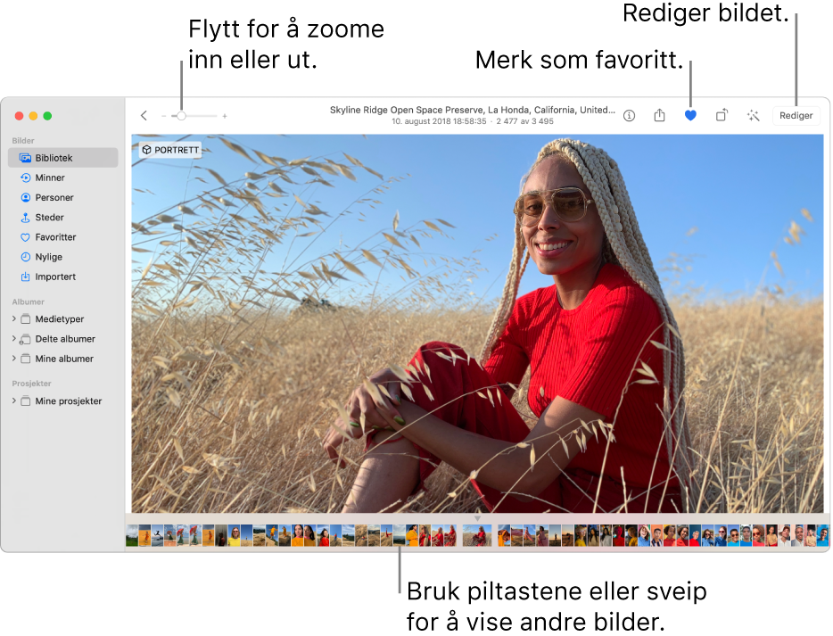 Bilder-vinduet som viser et forstørret bilde på høyre side, med en rad med miniatyrbilder under. Verktøylinjen øverst inneholder Zoom-skyveknappen, Favoritt-knappen og Rediger-knappen.