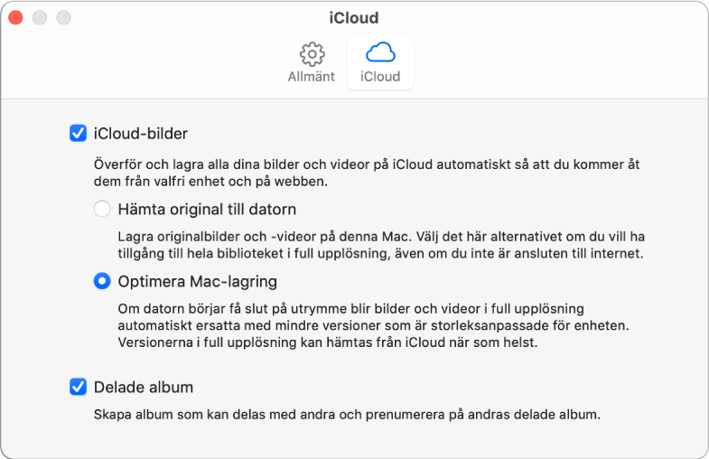 Panelen iCloud i Bilder-inställningarna.