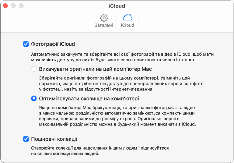 Панель iCloud у параметрах програми «Фотографії».