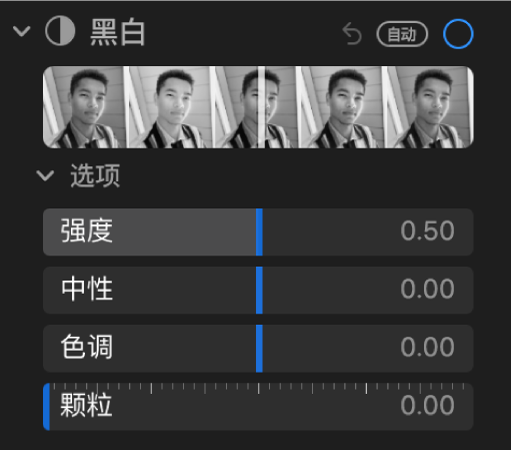 “调整”面板的“黑白”区域显示“强度”、“中性”、“色调”和“颗粒”滑块。